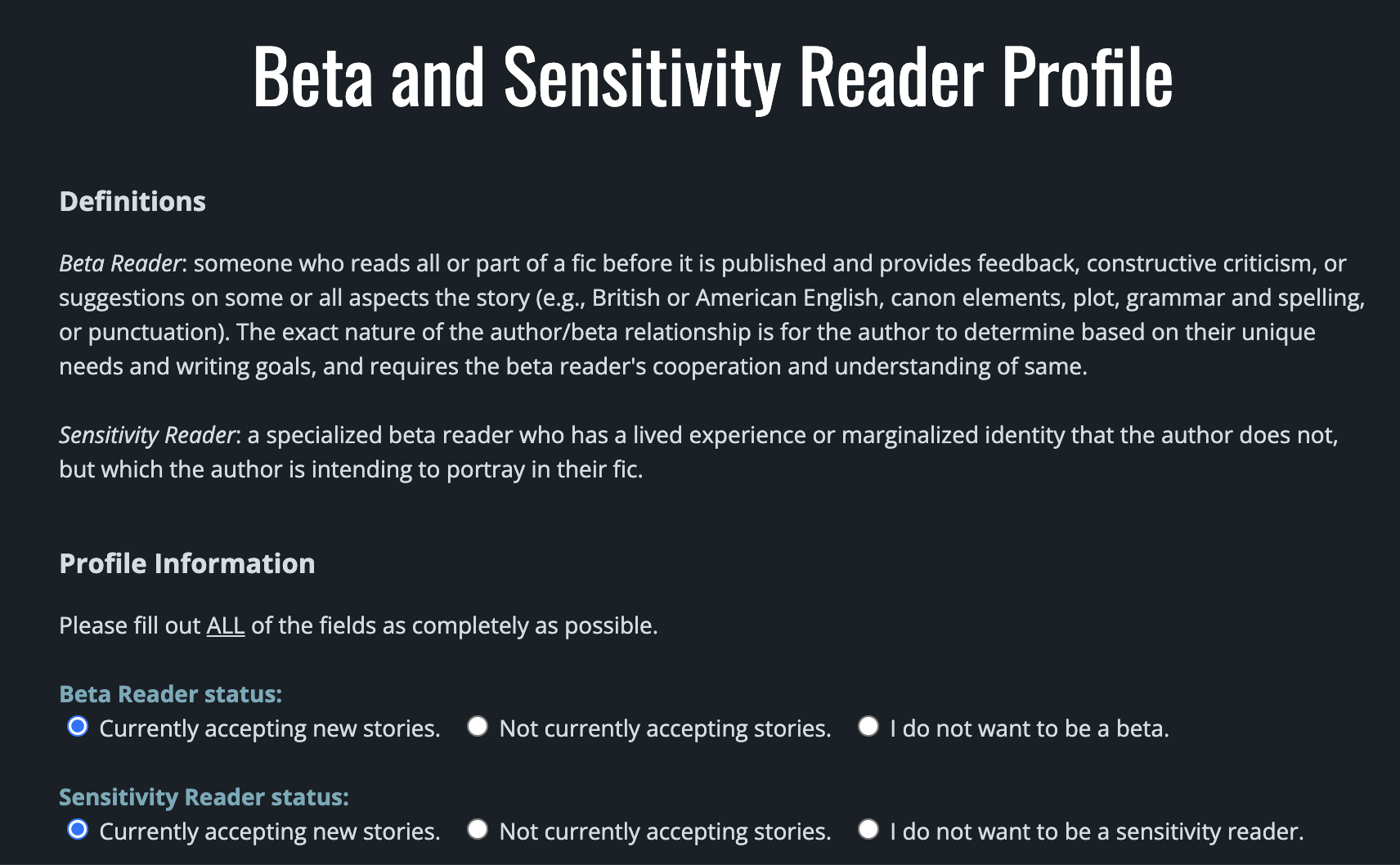 Edit Beta and Sensitivity reader Profile
