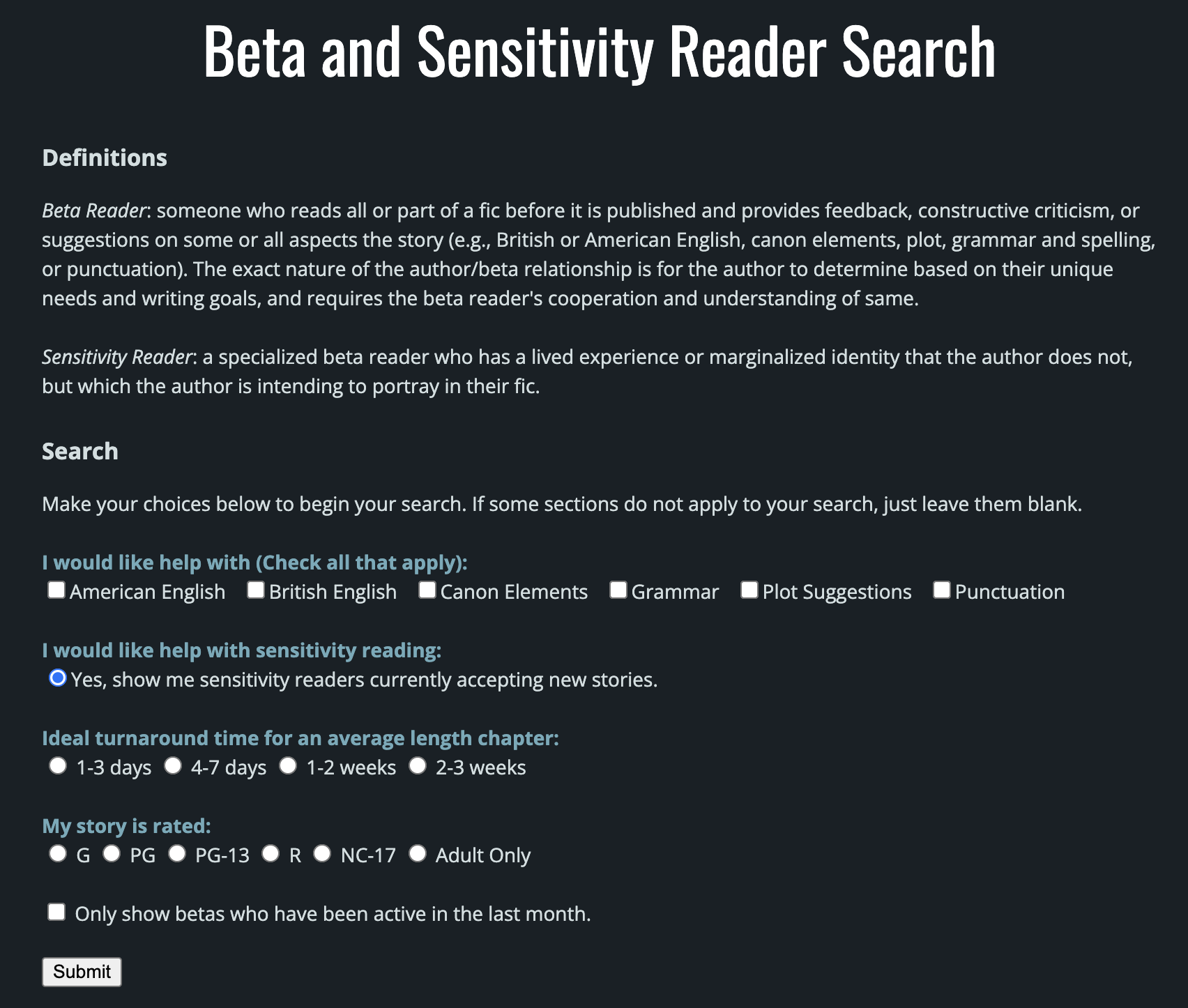 Beta and Sensitivity Search form