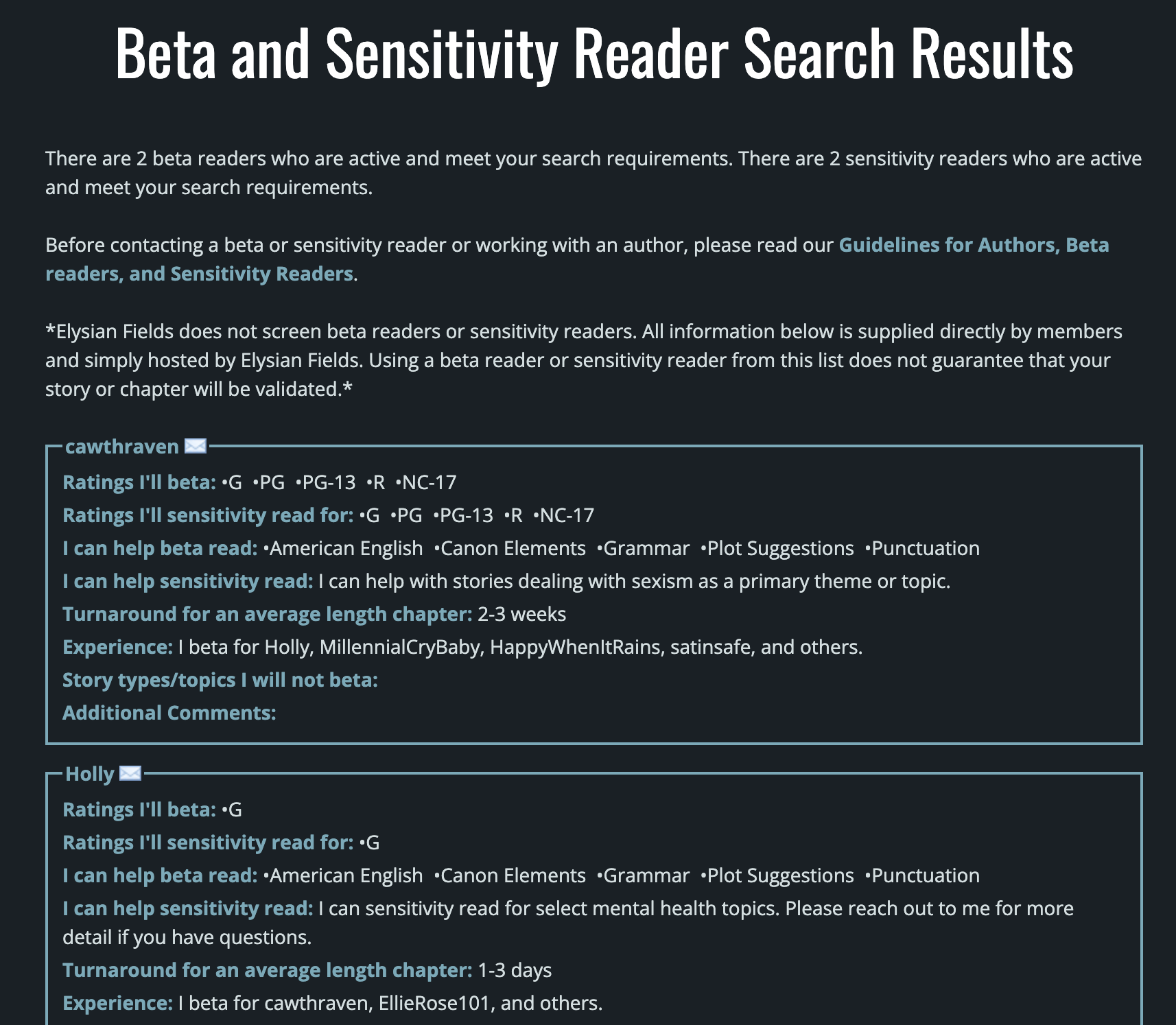 Beta and Sensitivity Reader Search Results